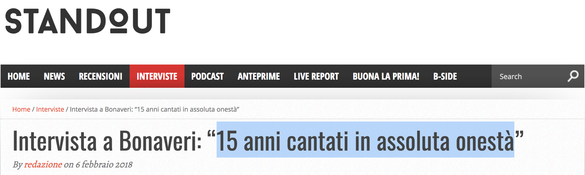 STANDOUT: 15 anni cantati in assoluta onestà.